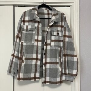 Women's Gray Plaid‎ Shacket Oversized Flannel Jacket Shirt Large